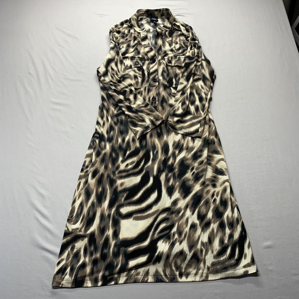 St Tropez Women's Versatile  Dress Leopard Print Button Front 3/4 Sleeves Size 8